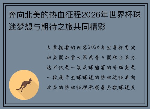 奔向北美的热血征程2026年世界杯球迷梦想与期待之旅共同精彩 奔向北美的热血征程2026年世界杯球迷梦想与期待之旅共同精彩